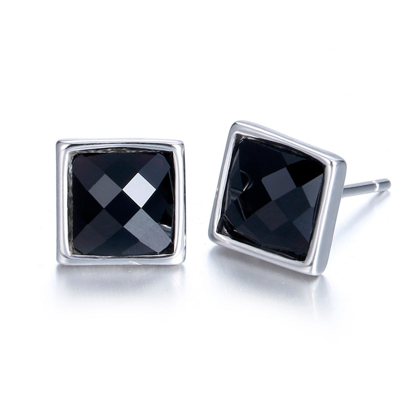 925 Sterling Silver Fashion Square Black Crystal Men`s Jewelry Men Stud Earrings